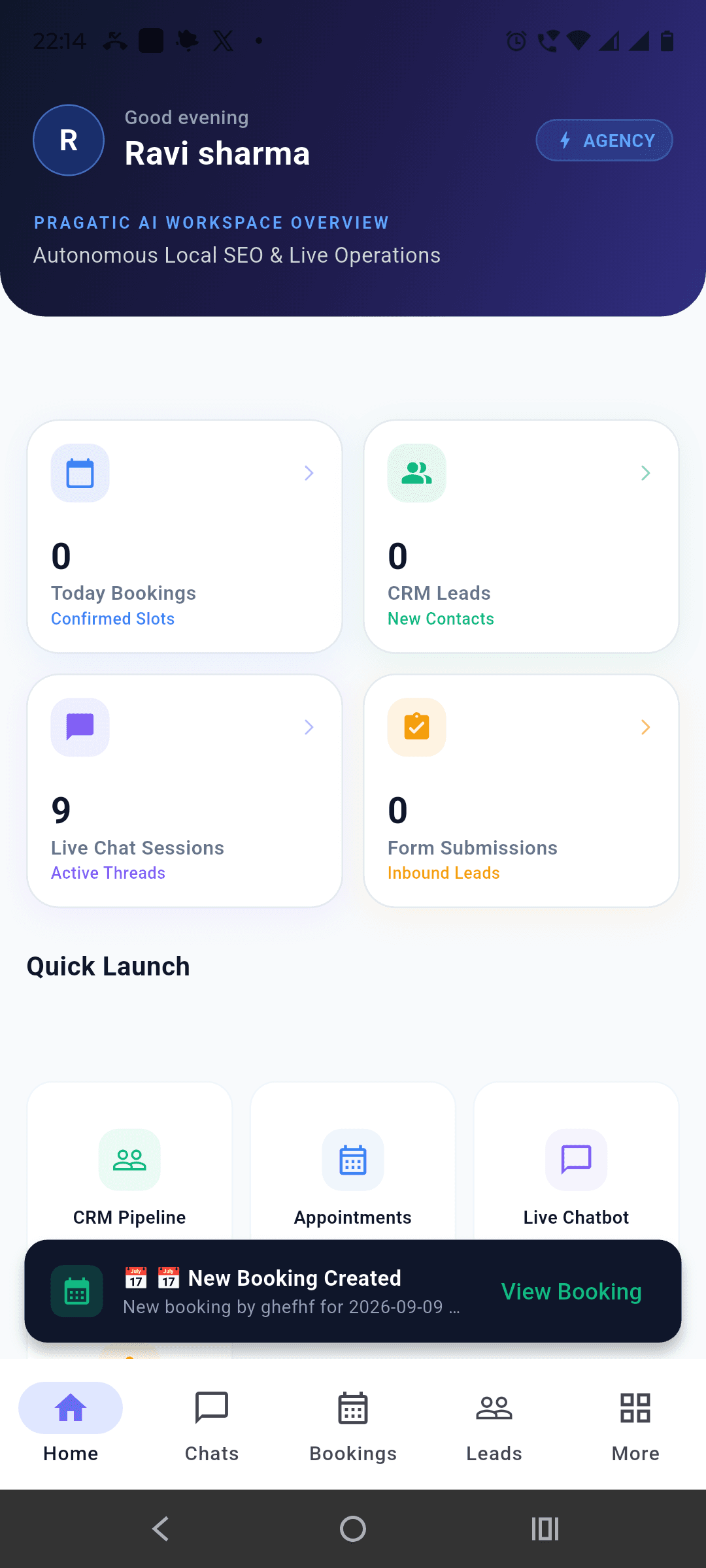 Pragatic AI mobile app dashboard with leads and live chats